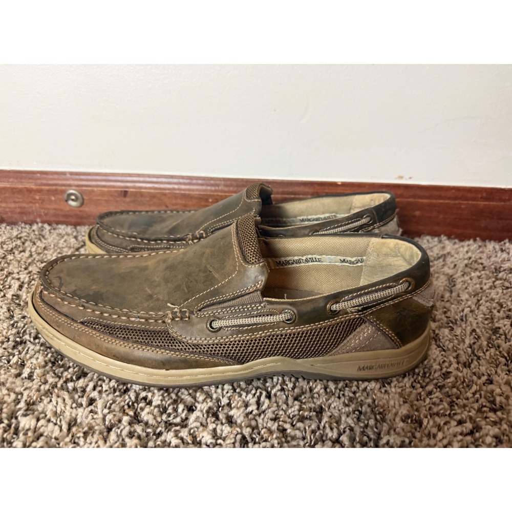 Margaritaville Mens Brown Leather Mesh Slip On Boat Shoes Loafers Anchor Sole 12